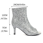 Women Thin High-Heeled Open Toe Zipper Golden Sequins Ankle Boots