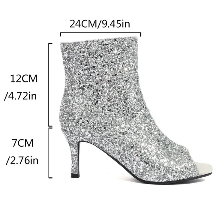 Women Thin High-Heeled Open Toe Zipper Golden Sequins Ankle Boots