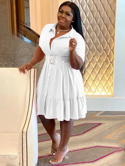 Elegant A-line short sleeve shirt dress for women, solid color, knee-length with buttons, plus size.