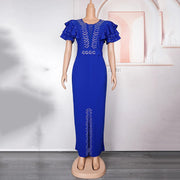 Luxury Women's Elegant Dress with Solid V Neck Ruffles Sleeve Beaded Diamond Sheath Front Split Floor Length