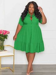 Elegant green shirt style dress with short sleeves, buttons, A-line silhouette, and turn-down collar, suitable for plus size women.