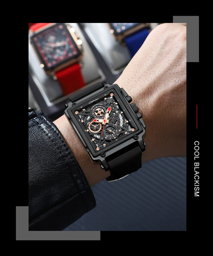 CRRJU Fashion Sports Watch Large Dial Unique Rectangular Hollow Design Quartz Wristwatch with Chronograph Auto Date Silicone Band