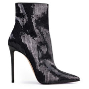 Women's Sexy Paillette Ankle Boots Pointed Toe Stiletto High Heels Slip-On Black Sequin Fashion Dress Shoes