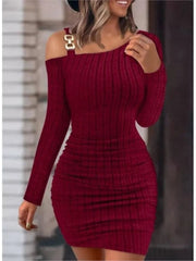 Women Sexy Chain Off Shoulder Bodycon  Mini Dress