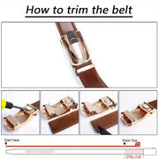 Men's genuine leather belt with alloy buckle and ratchet mechanism, top quality and fashion-forward.