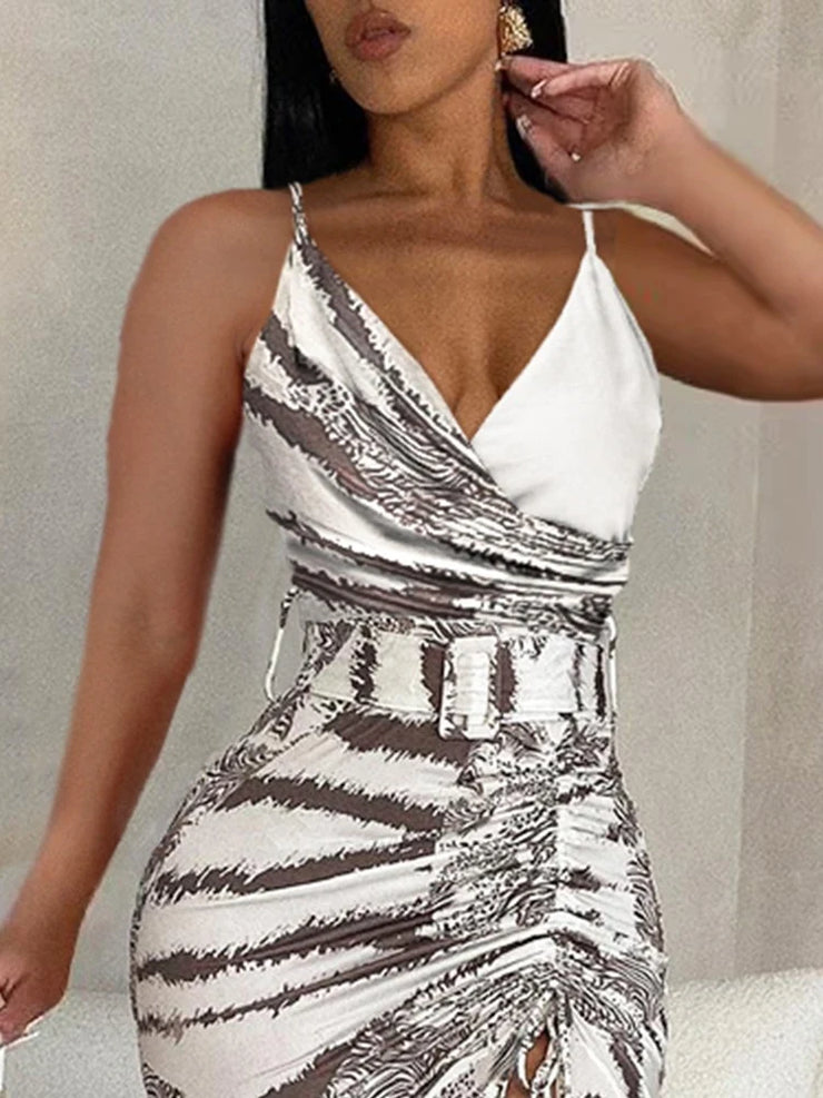 Women Elegant Zebra Stripe Tie Dye Print High Waist Split Deep V Neck Pleated Trendy Sleeveless Maxi Dresses