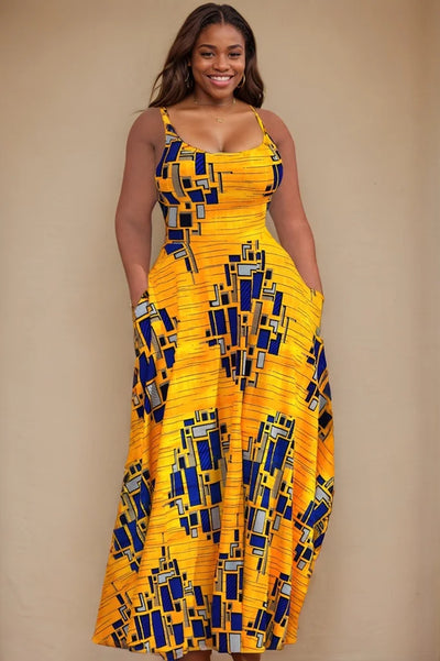 Women plus size casual tank dress with yellow geometric print, sleeveless U-neck, floor-length, featuring pockets and vintage slim design.