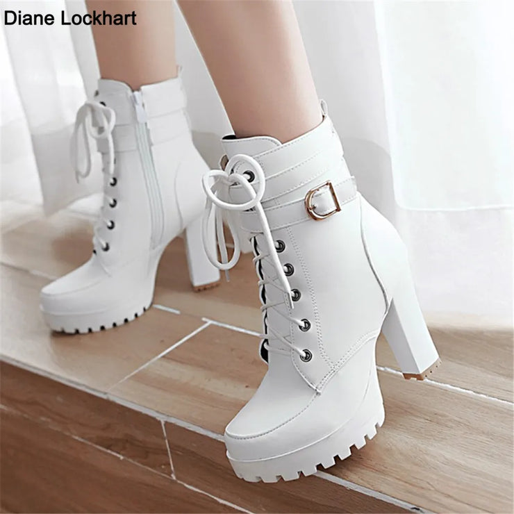 Women Motorcycle  High Heel Platforms Sexy Botas Buckle White