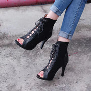 Black Summer High Heels Ankle Boots Peep Toe Lace