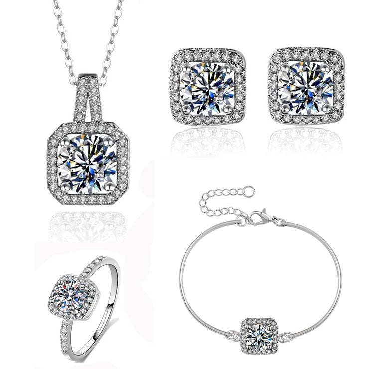 Gold-color premium stainless steel jewelry square zircon pendant 4-piece jewellry set for Bridal Wedding