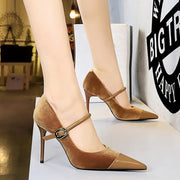 Korean Velvet High Heels Women's Pumps 10cm 7cm Thin Heel Pointed Toe Metal Buckle Shallow Montage Party Shoes