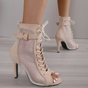 Women  Hollowed Mesh Heels Belt Buckle Lace-up Sexy Open Toe Stiletto J Shoes