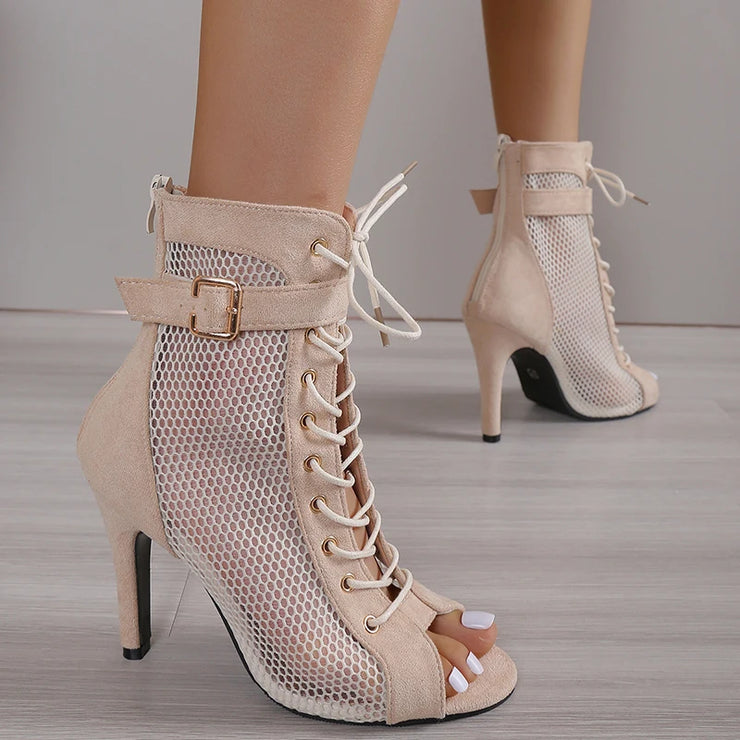 Women  Hollowed Mesh Heels Belt Buckle Lace-up Sexy Open Toe Stiletto J Shoes