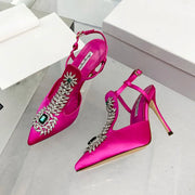 Ladies Rhinestone Pointed Toe Stiletto High Heels Satin Gemstone Ankle-Wrap Buckle Strap  Fairy Pump