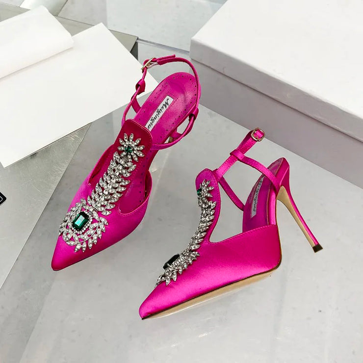 Ladies Rhinestone Pointed Toe Stiletto High Heels Satin Gemstone Ankle-Wrap Buckle Strap  Fairy Pump
