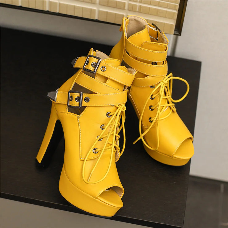 Women Peep Toe Ankle Platform Lace Up High Heels Boots