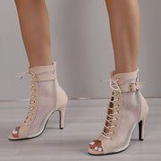 Women  Hollowed Mesh Heels Belt Buckle Lace-up Sexy Open Toe Stiletto J Shoes