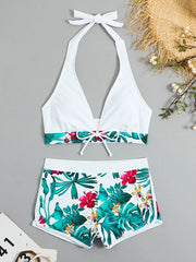 Women's Sporty Surfing Bikini Set Fashion Printed Lace-Up Swimsuit High-Waisted Beachwear Swimwear with Splice Details