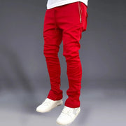 Men's Autumn Solid Color Sports Pants Stretch Slim Fit Cotton Zipper Pocket Drawstring Casual Running Fashion Trousers