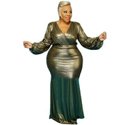 Plus size bronzing formal dress with V-neck and puff sleeves, floor-length in metallic color.