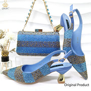 Nigerian Women Heel  Italian Design Shoes And Bag Set Decorated with Rhinestone