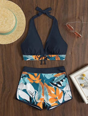 Women's Sporty Surfing Bikini Set Fashion Printed Lace-Up Swimsuit High-Waisted Beachwear Swimwear with Splice Details