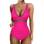 Women's Sexy Mesh Splicing Solid One-Piece Bikini Swimwear Wire-Free Support High-Waist Comfortable Fit