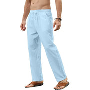 Men's cotton linen pants, casual loose jogger trousers with drawstring, midweight, full length.