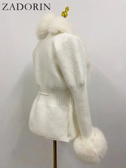 Women Luxury Knit Winter Elegant Detachable Fur Cardigan Korea Style Sweater