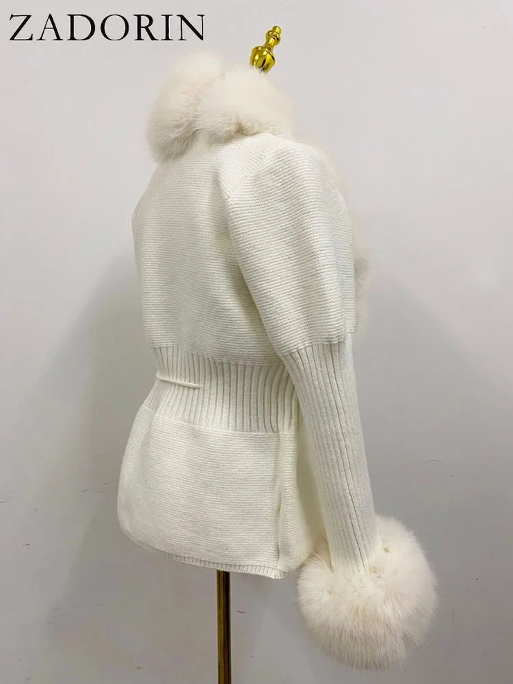 Women Luxury Knit Winter Elegant Detachable Fur Cardigan Korea Style Sweater