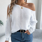 Autumn Winter Sexy Slanted Shoulder Sweater Woman Elegant Solid Color Loose Hollow Out Jumpers Casual Irregular Knitted Sweaters