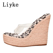 Women Leopard Grain Peep Toe  Platform High Heels Sandals Slip-On PVC Transparent Shoe