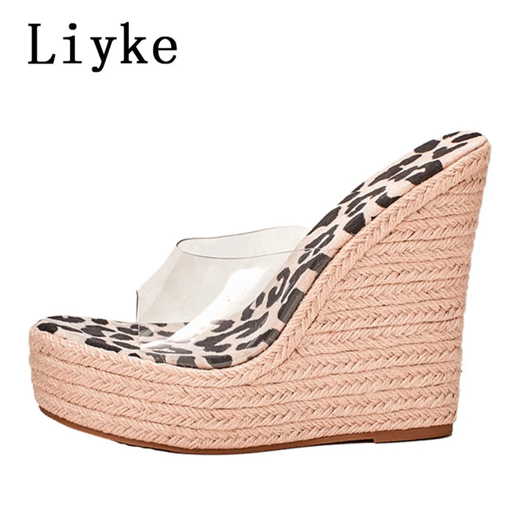 Women Leopard Grain Peep Toe  Platform High Heels Sandals Slip-On PVC Transparent Shoe