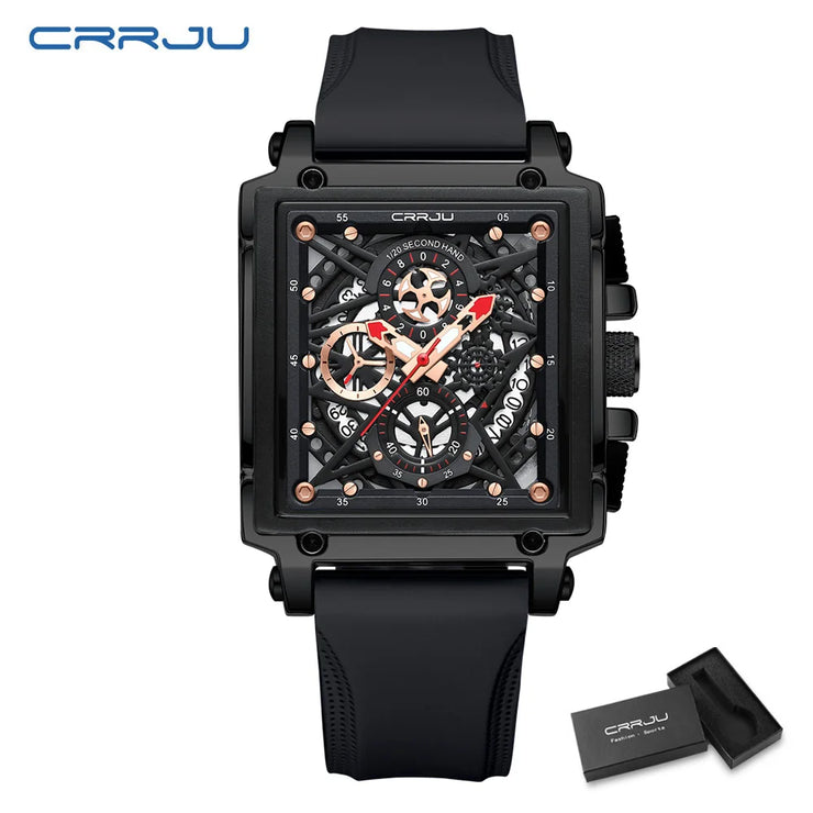 CRRJU Fashion Sports Watch Large Dial Unique Rectangular Hollow Design Quartz Wristwatch with Chronograph Auto Date Silicone Band