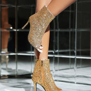 Women Thin High-Heeled Open Toe Zipper Golden Sequins Ankle Boots