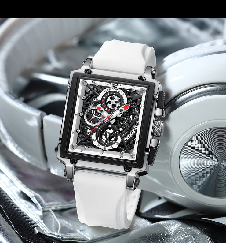 CRRJU Fashion Sports Watch Large Dial Unique Rectangular Hollow Design Quartz Wristwatch with Chronograph Auto Date Silicone Band