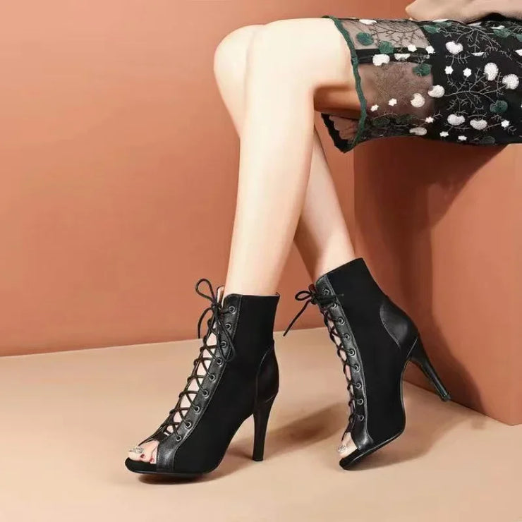 Black Summer High Heels Ankle Boots Peep Toe Lace