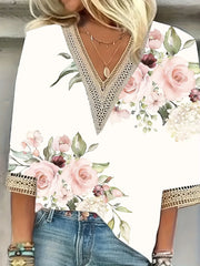 Elegant loose fit floral blouse with long sleeves and lace trim, ideal for casual wear and holiday weekends.