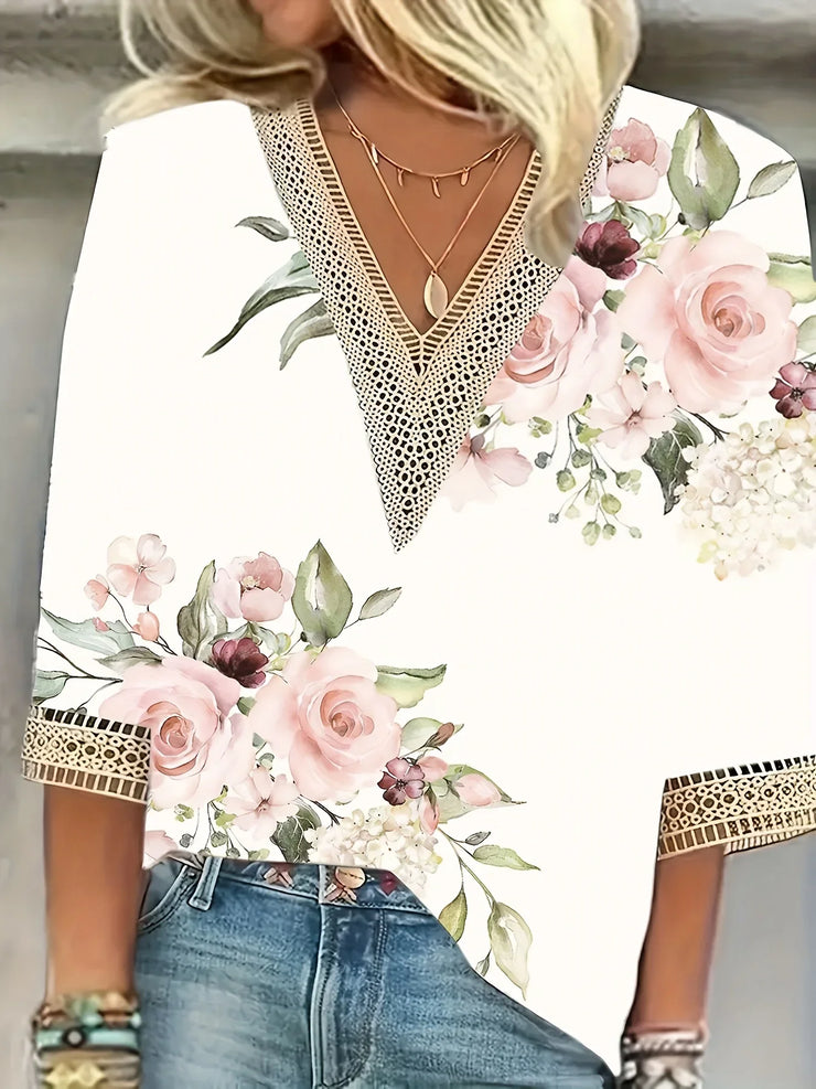 Elegant loose fit floral blouse with long sleeves and lace trim, ideal for casual wear and holiday weekends.