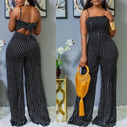 High street casual style jumpsuit with backless wrapping breast design, dot pattern, and wide-leg pants.
