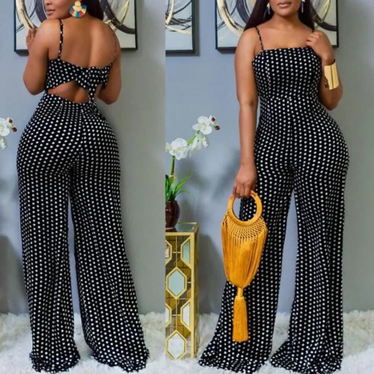 High street casual style jumpsuit with backless wrapping breast design, dot pattern, and wide-leg pants.