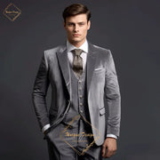 Classic Elegance Men's Grey Velvet 3-Piece Custom Suit Timeless Style for Every Occasion.Size EU48