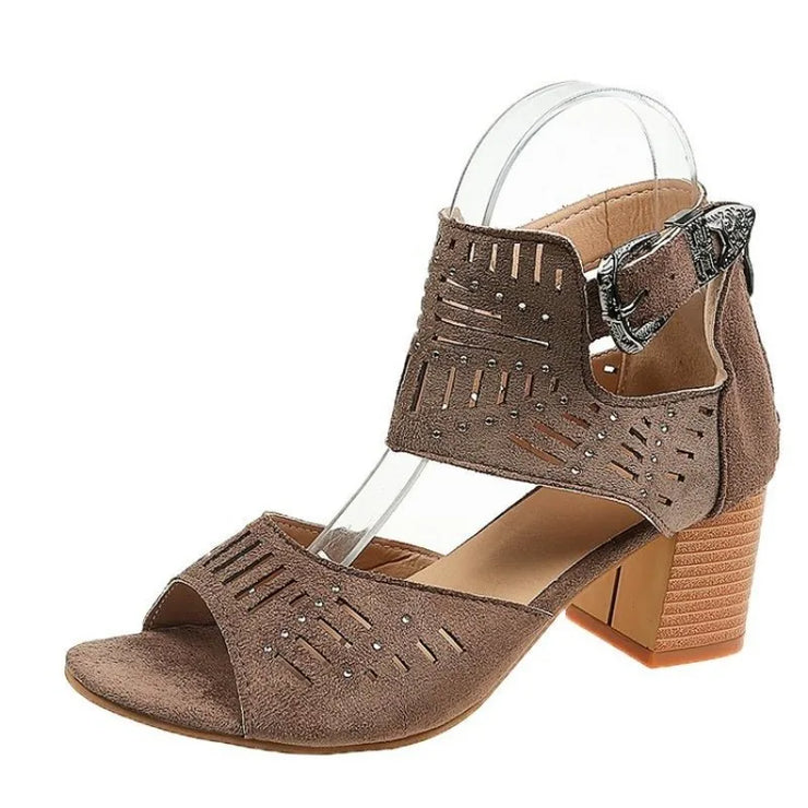 Women  Sandals Retro Frosted Leather Fish Mouth Hollow Belt Buckle Thick High Heel Sandals