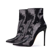 Women's Sexy Paillette Ankle Boots Pointed Toe Stiletto High Heels Slip-On Black Sequin Fashion Dress Shoes