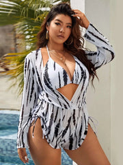 plus Size Striped Bikini Three Piece Set High-Waisted Sexy Swimsuit Polyester Knit