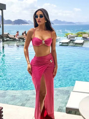 Women's 3 Piece Bikini Set Spaghetti Strap Swimsuit Sexy High Split Long Skirt Beachwear Polyester Bathing Suit