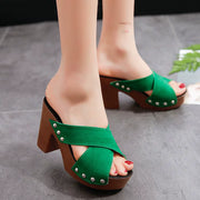 Eye-Catching Women's Suede Sandals with Cross Rivet Open Toe and High Chunky Heel