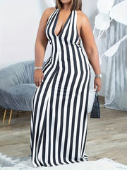 Women's Striped V-neck Halter Dress Backless Design for Spring & Summer Sexy Slip Dress 100% Polyester