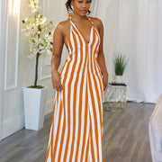 Women's Striped V-neck Halter Dress Backless Design for Spring & Summer Sexy Slip Dress 100% Polyester