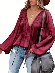 Women's Satin V-Neck Long Sleeve Blouse Casual Lantern Sleeve Top Solid Color Polyester Spandex Blend Woven Shirt for All Seasons